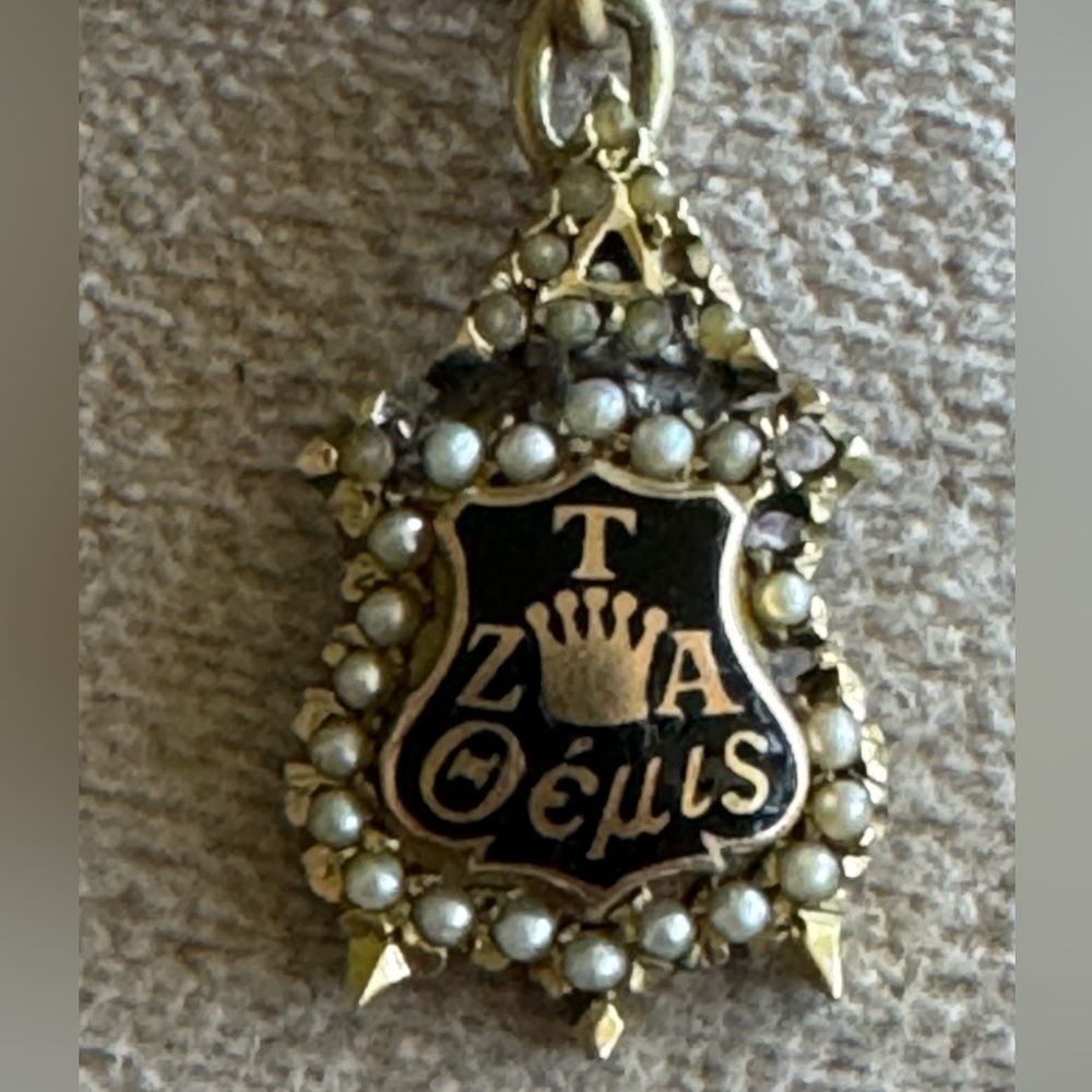 Zeta Tau Alpha Greek Sorority Badge 10k Yellow Gold & Seed Pearls Pendant Charm